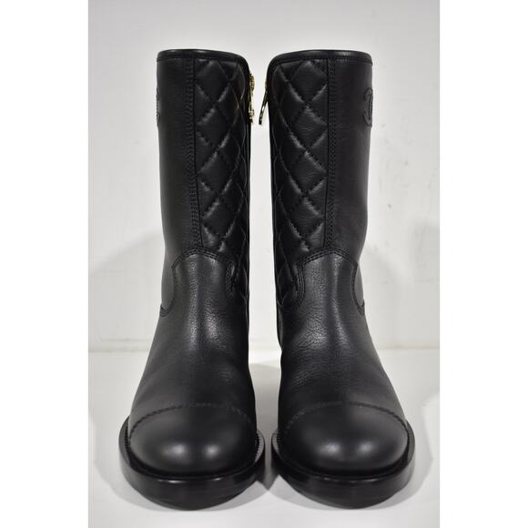 Chanel 21P Black Calfskin Leather CC Logo Quilted Zipper Mid Calf Boots 36.5 - Picture 6 of 12